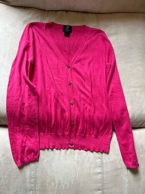 Pink Tartan Hot Pink V-Neck Pima Cotton Cardigan with Logo Flower Button